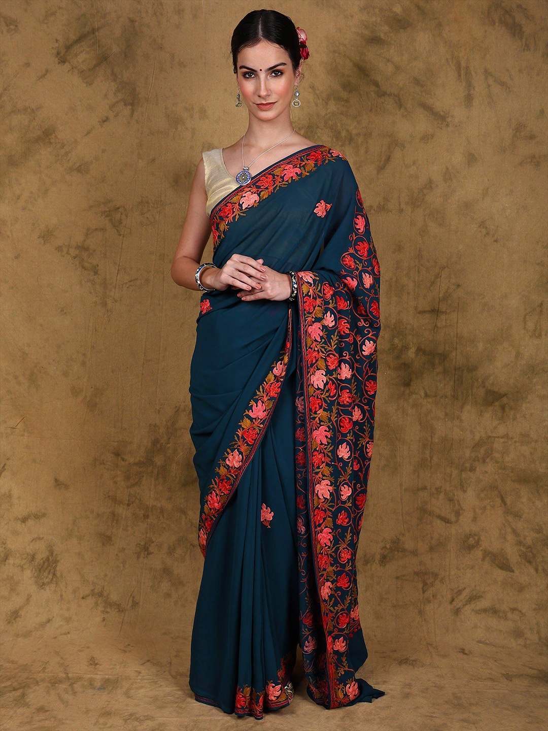 

Exotic India Moroccan-Blue Kashmiri Georgette Saree with Aari Embroidered Maple Leaf Vines