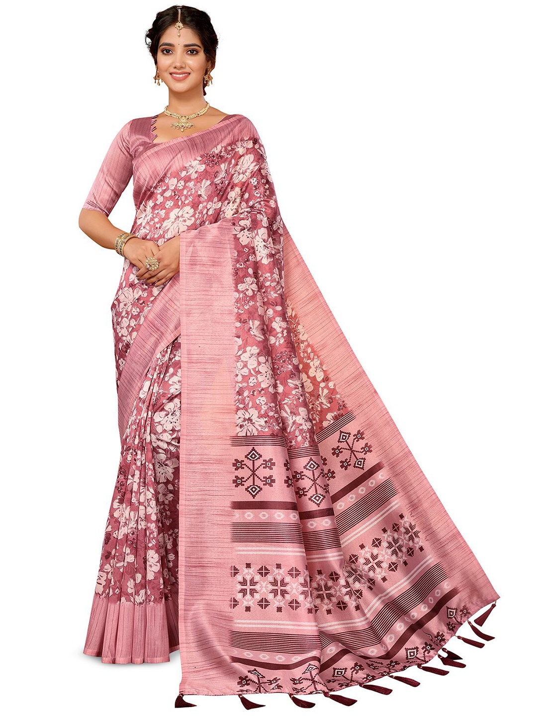 

KALINI Floral Printed Woven Design Saree, Peach