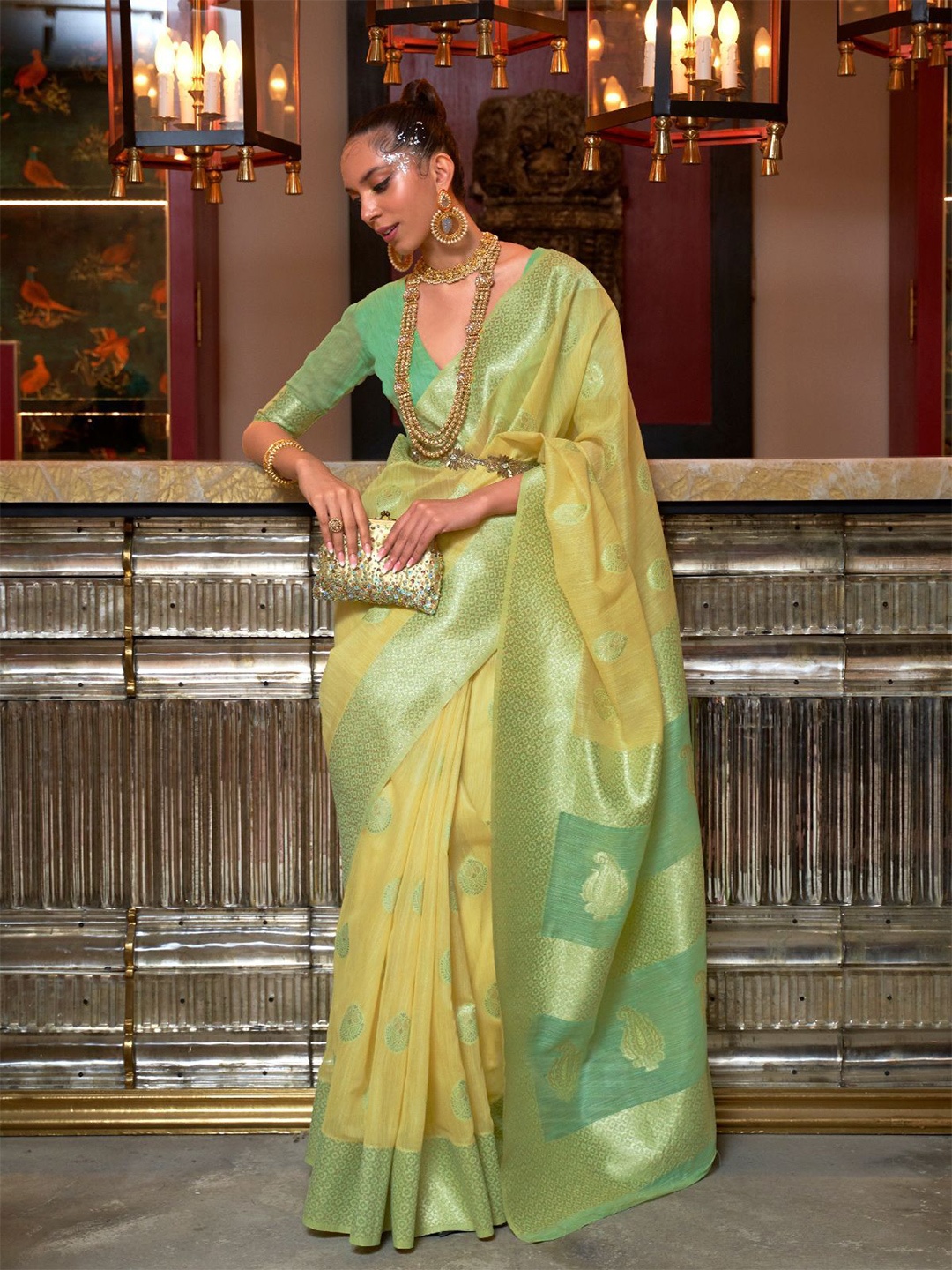 

ODETTE Woven Design Zari Saree With Unstitched Blouse, Yellow