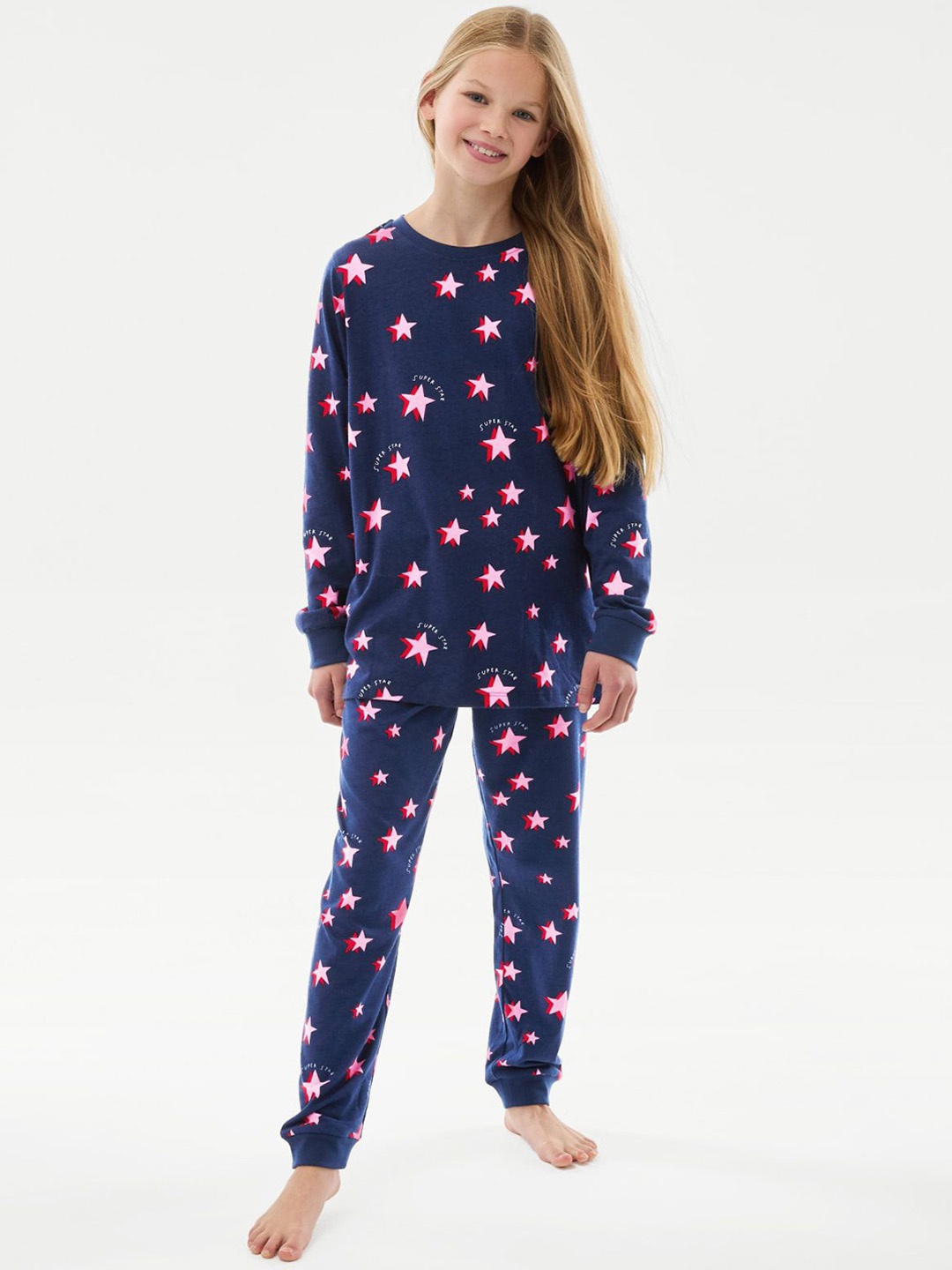 

Marks & Spencer Girls Graphic Printed Pure Cotton Night suit, Navy blue