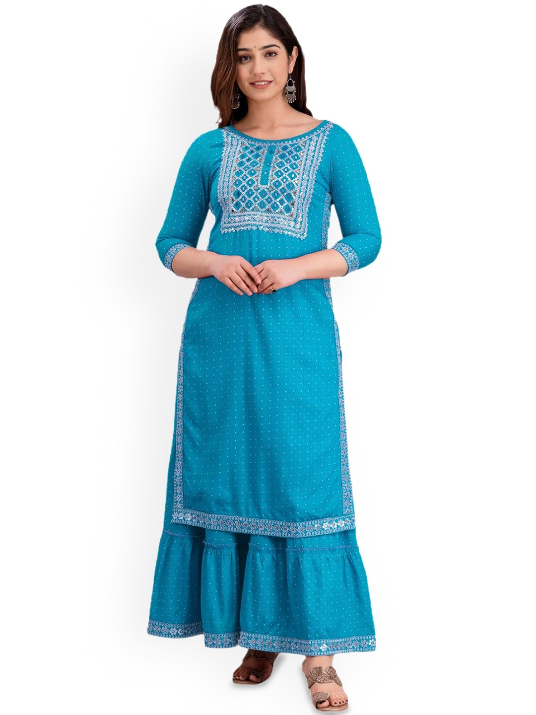 

SHOOLIN Women Ethnic Motifs Printed Empire Sequinned Kurta with Sharara & With Dupatta, Turquoise blue