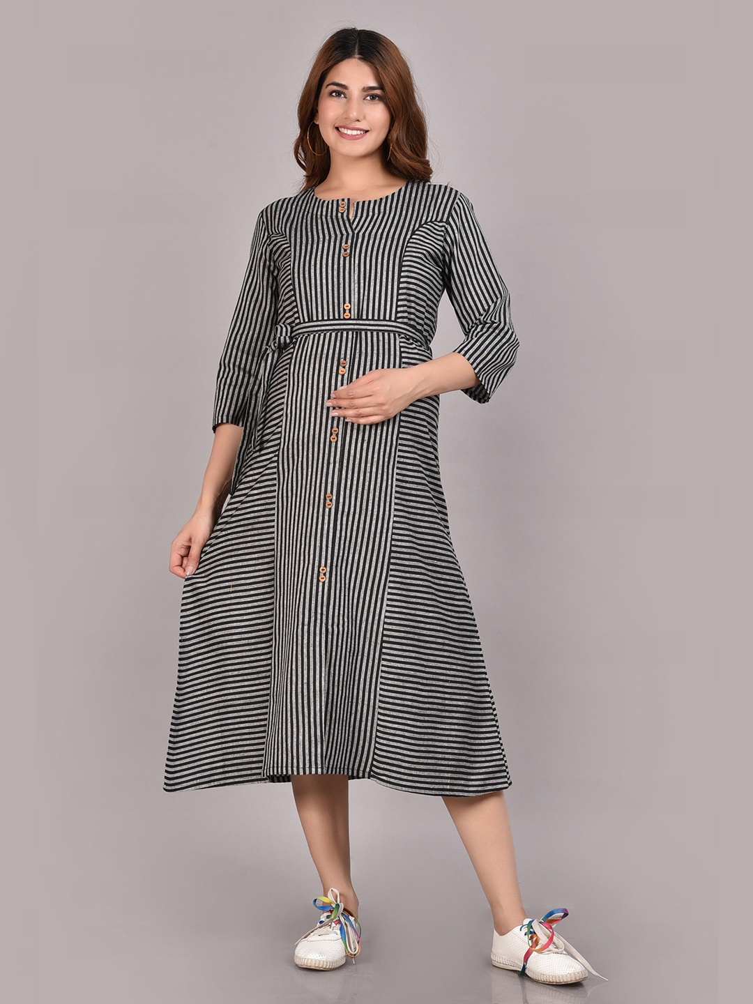 

GMI Women Striped Round Neck Maternity Cotton A-Line Midi Dress, Black