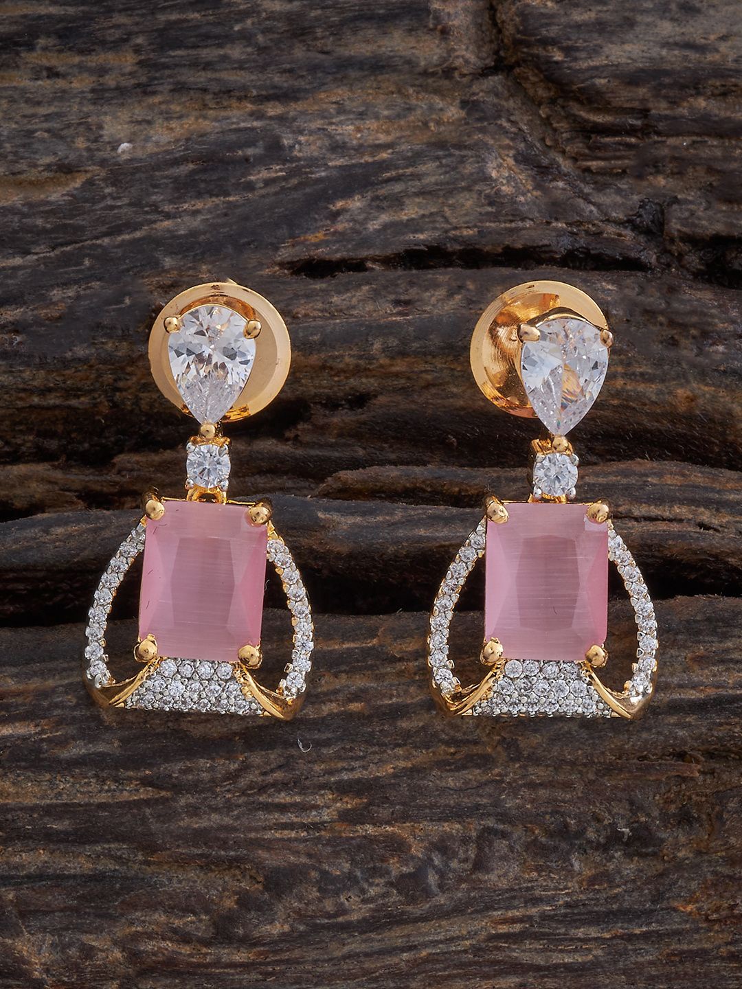 

Kushal's Fashion Jewellery Rhodium-Plated Teardrop Shaped Zircon Drop Earrings, Pink