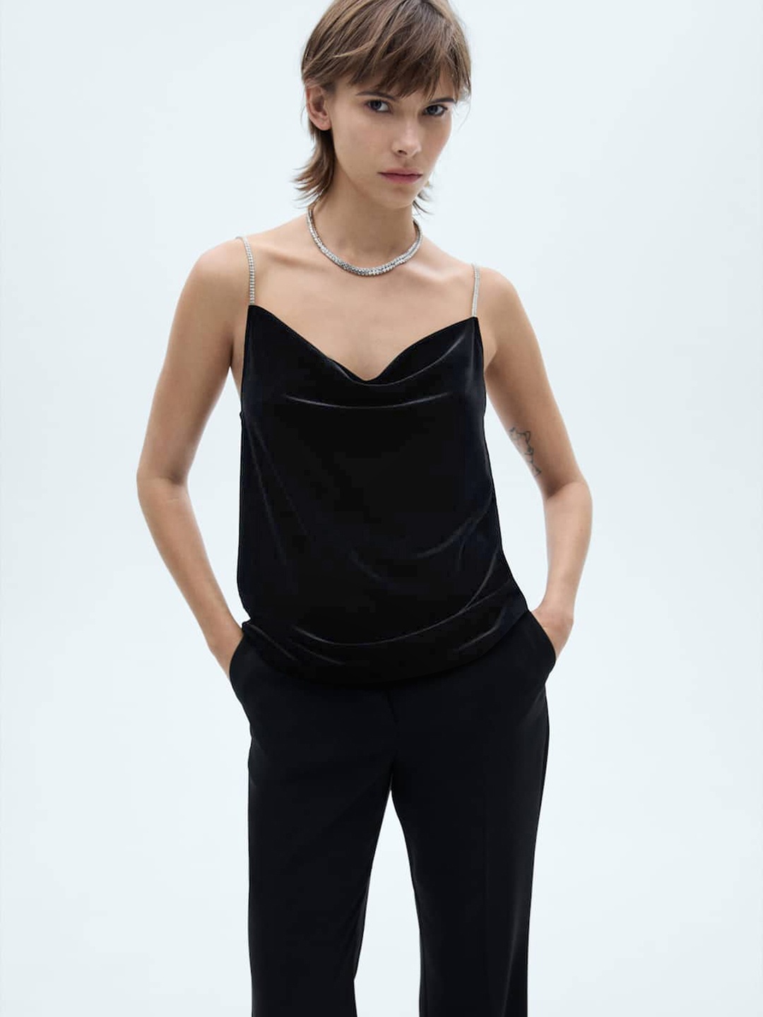 

MANGO Rhinestone Strap Cami Top, Black