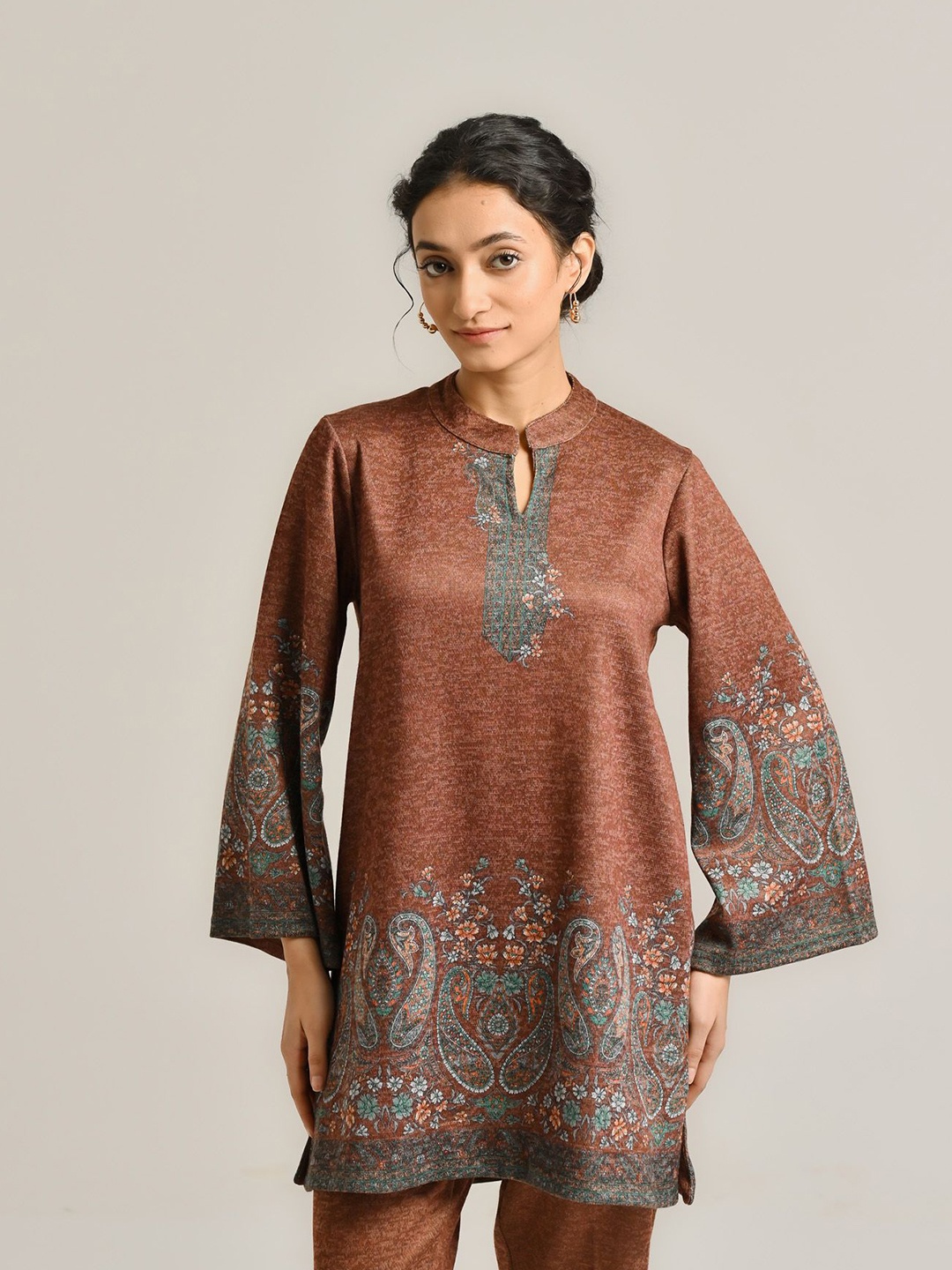 

Rustorange Paisley Printed Keyhole Neck Woollen A Line Kurta, Brown