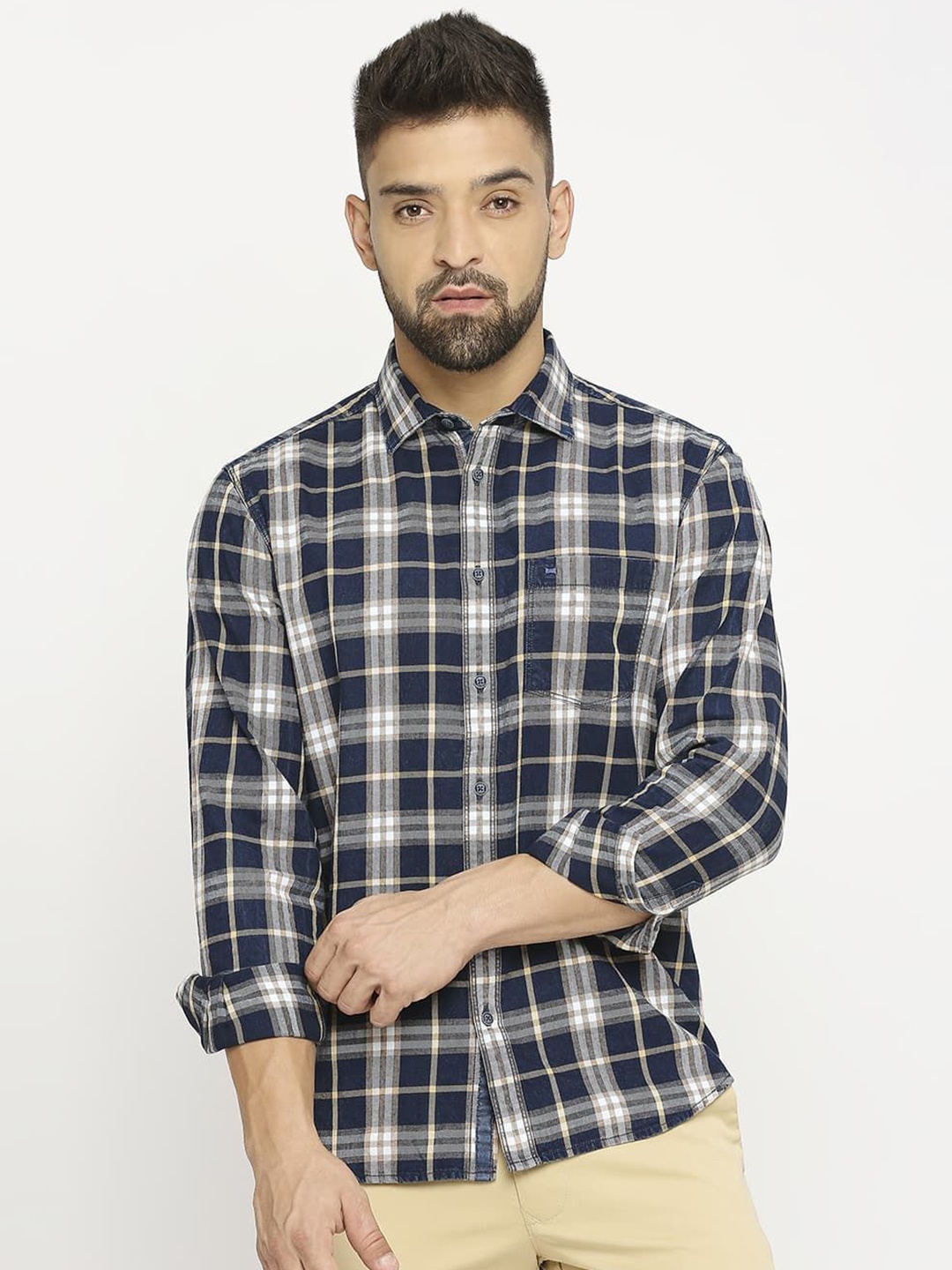 

Basics Men Slim Fit Shepherd Checks Opaque Checked Casual Shirt, Yellow