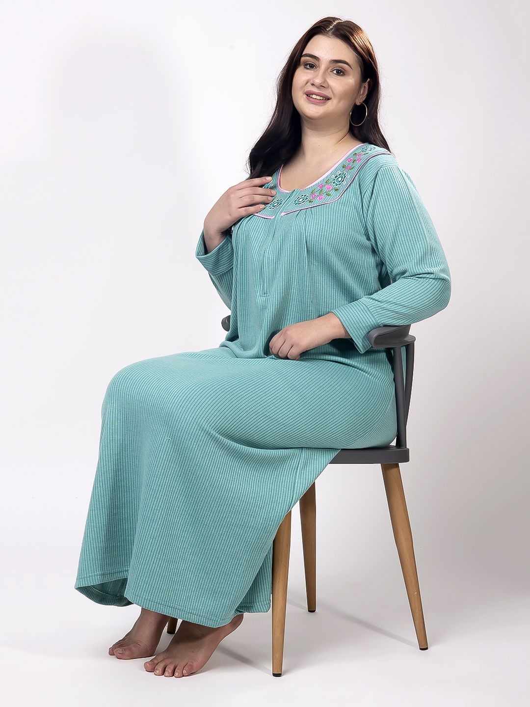 

CHUI MUI Women Embroidered Long Sleeves Maxi Nightdress, Blue