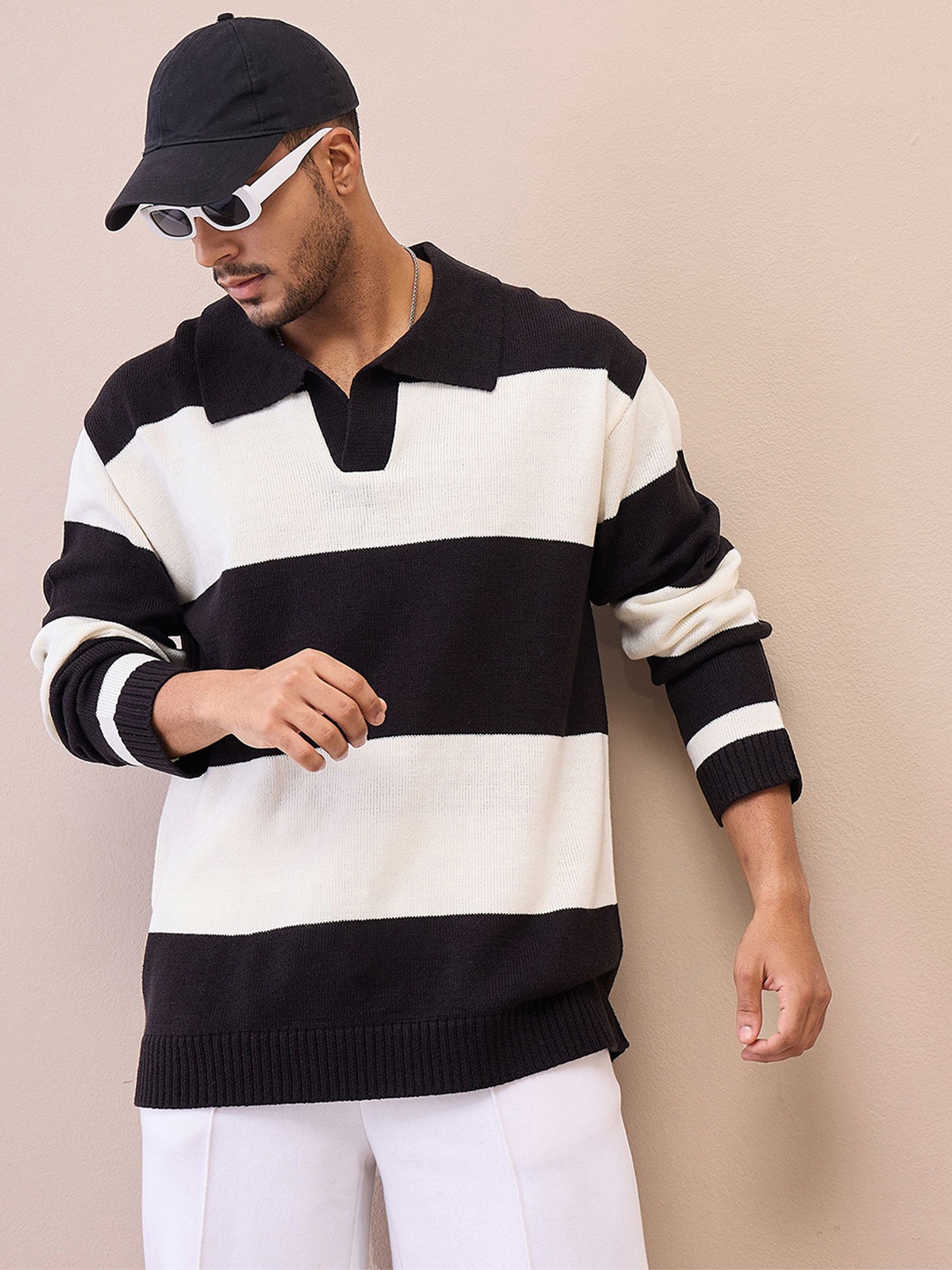 

MASCLN SASSAFRAS Men Striped Lapel Collar Long Sleeves Pullover, Black