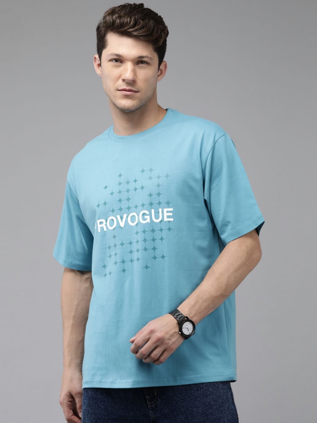 

Provogue Men Typography Printed Monochrome Raw Edge Boxy T-shirt, Turquoise blue