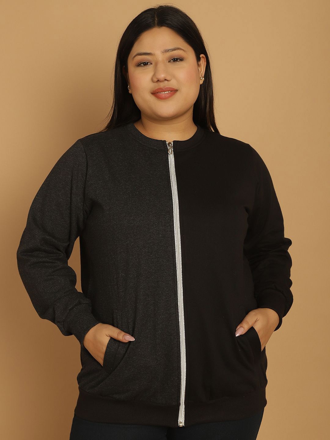 

theRebelinme Women Colourblocked Fleece Open Front Jacket, Black