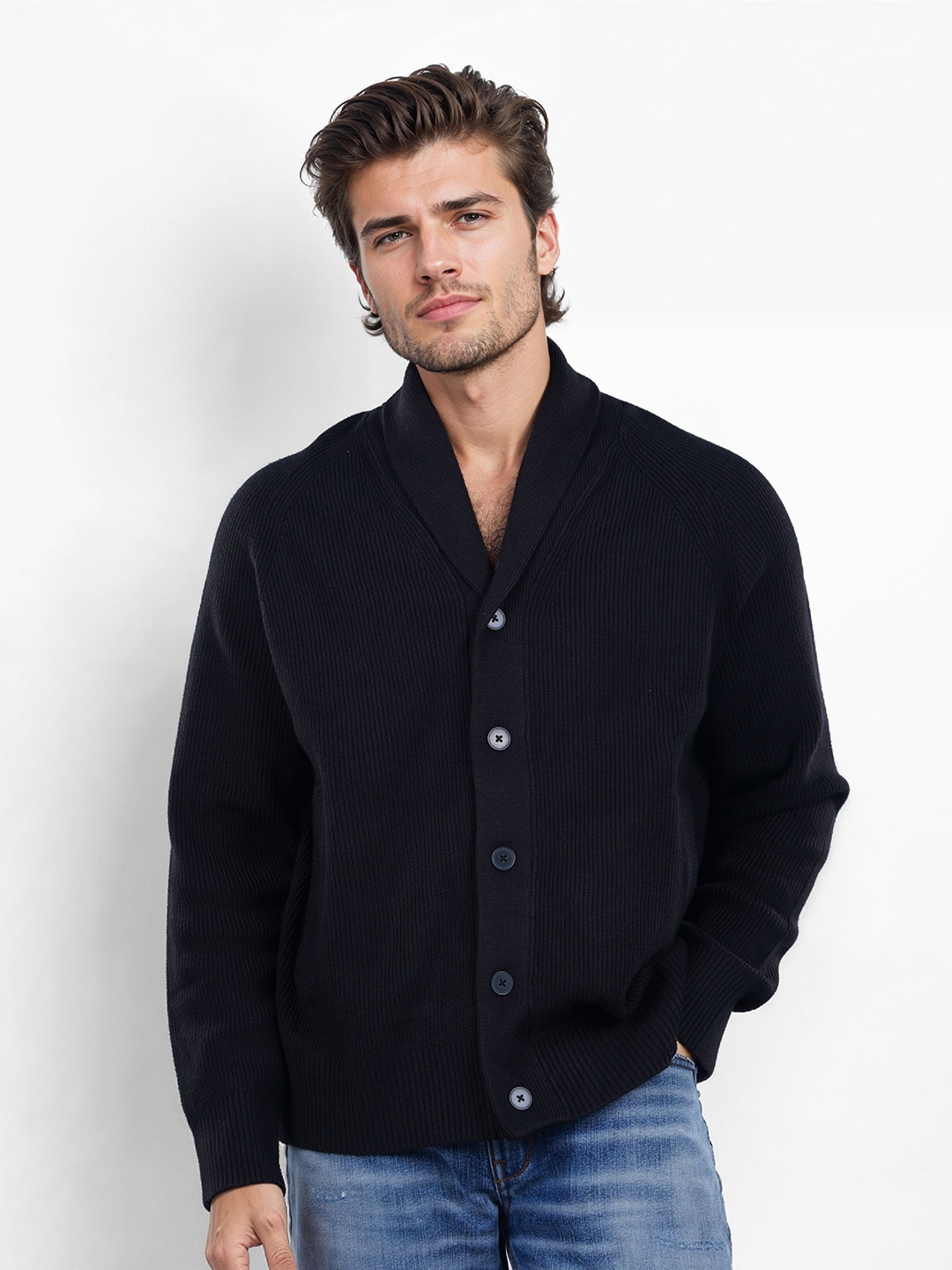 

Celio Men Shawl Collar Relaxed Fit Cardigan Sweater, Black