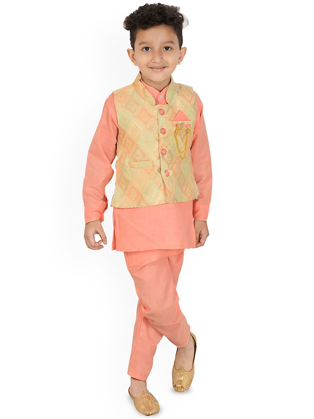 

Little Needle Boys Regular Linen Kurta with Trousers, Peach