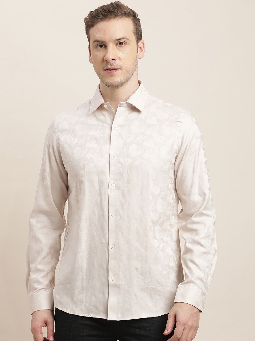 

Turtle Men Classic Slim Fit Floral Opaque Party Shirt, Beige
