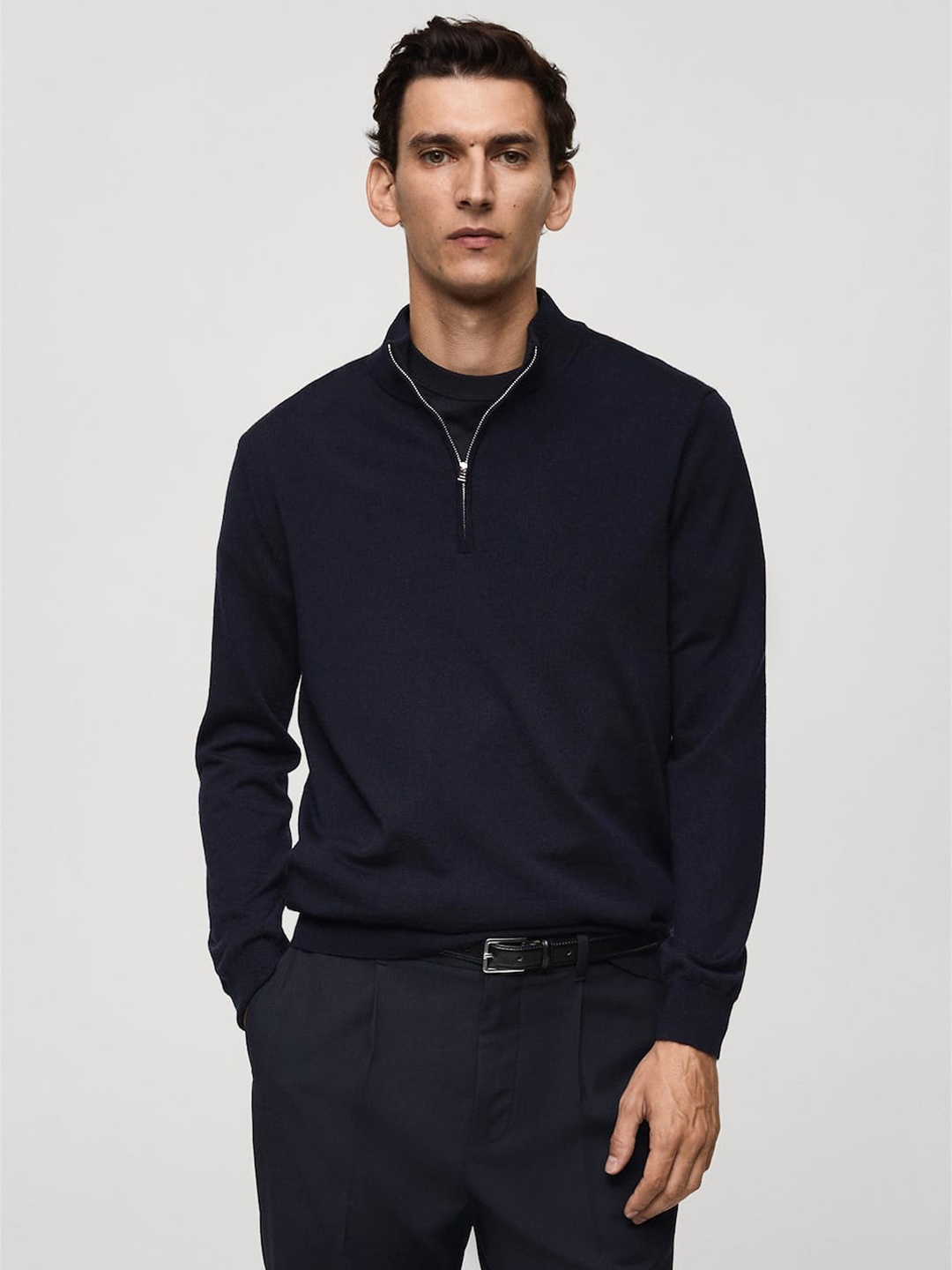 

MANGO MAN Woollen Mock Collar Sweater, Navy blue