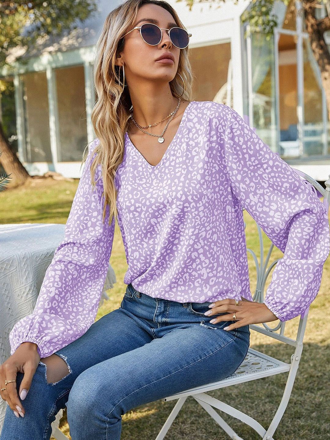 

StyleCast Women Printed Puff Sleeves Top, Lavender