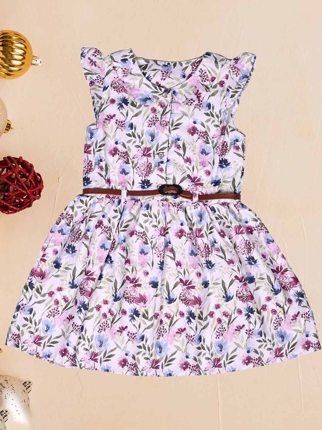

Arshia Fashions Girls Floral Printed V-neck Fit & Flared Dress, White