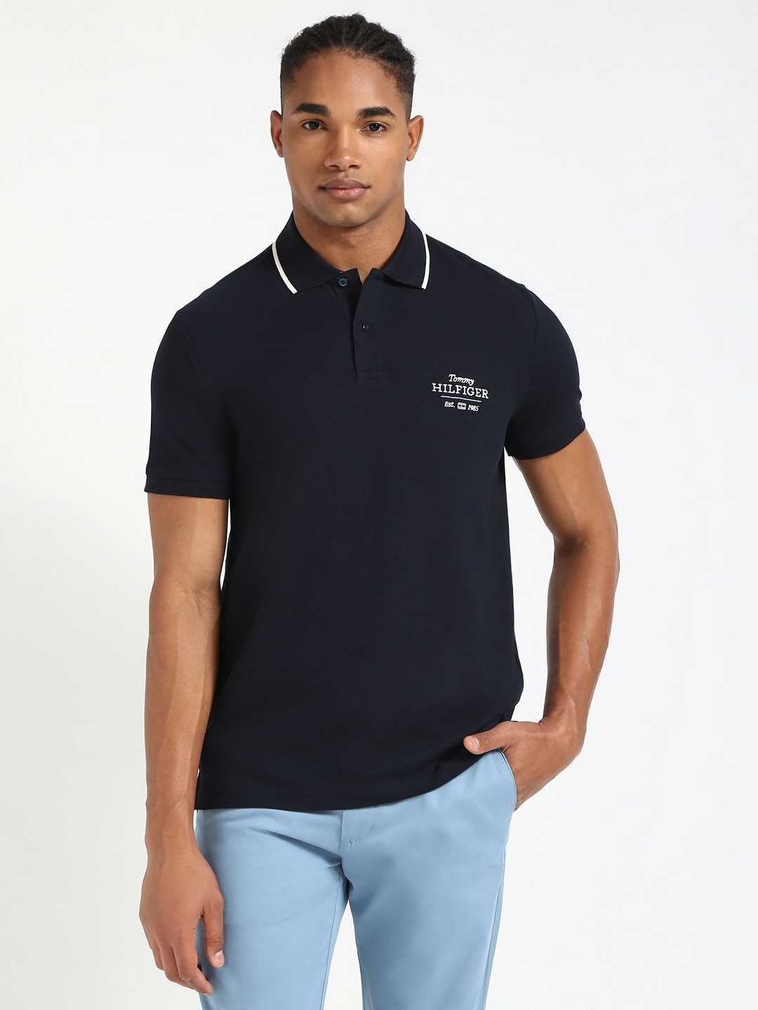 

Tommy Hilfiger Men Solid Polo Collar Cotton T-shirt, Blue