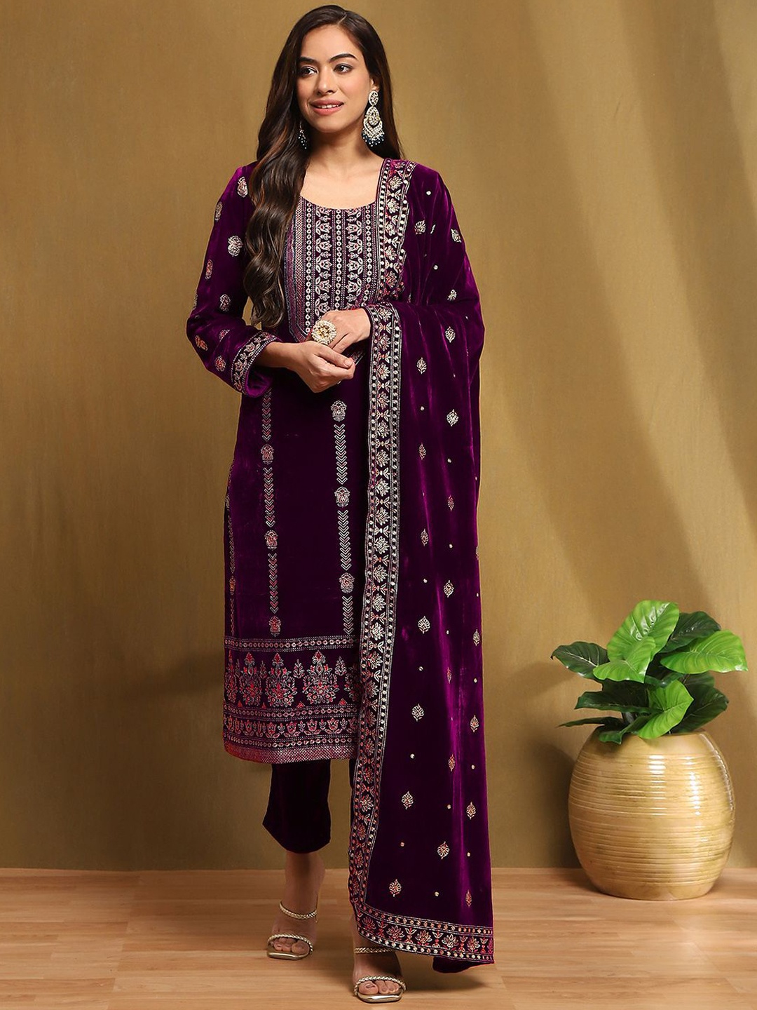 

Biba Women Floral Printed Regular Kurta with Palazzos & With Dupatta, Purple