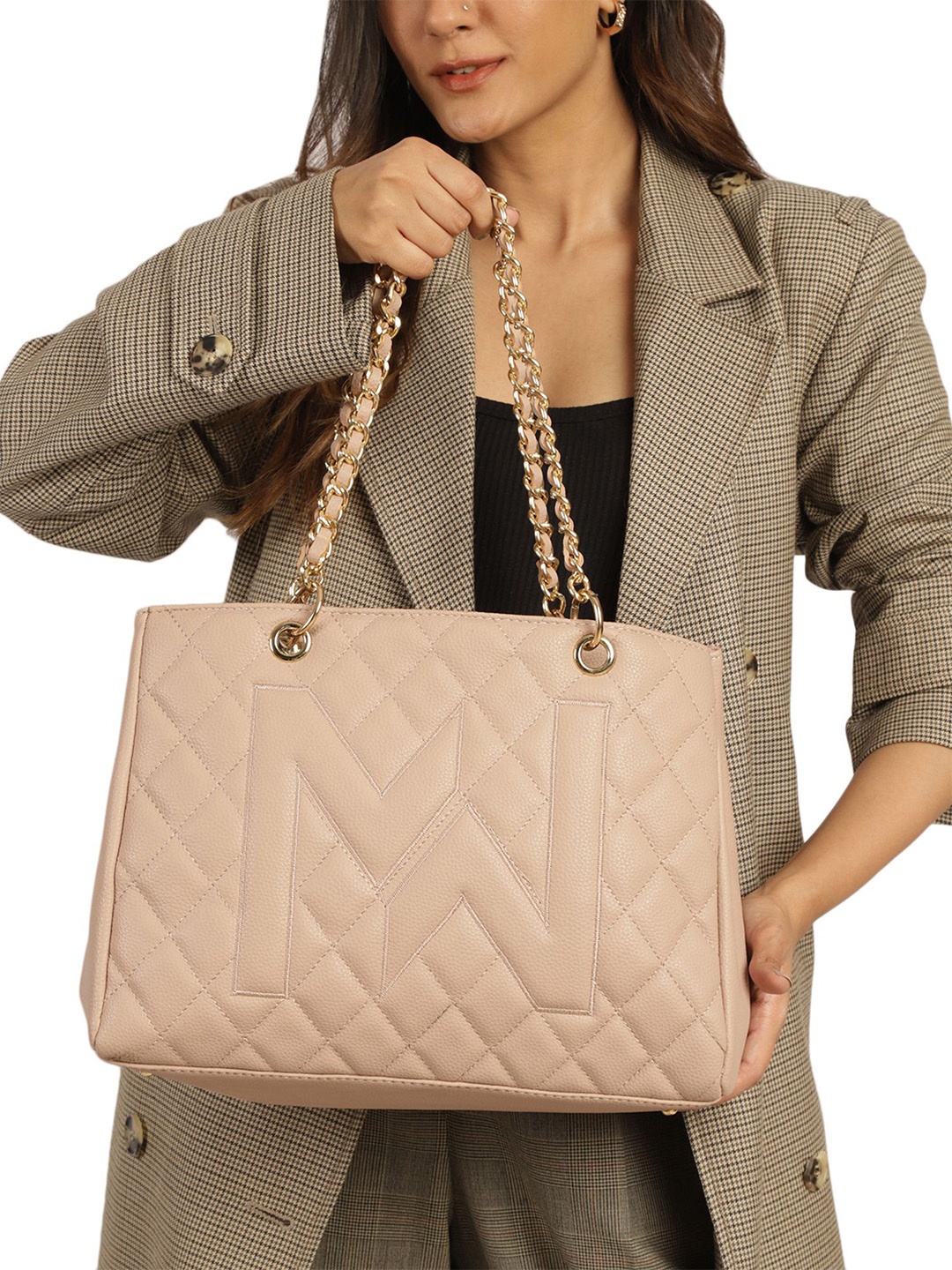 

MINI WESST Structured Tote Bag with Quilted, Beige