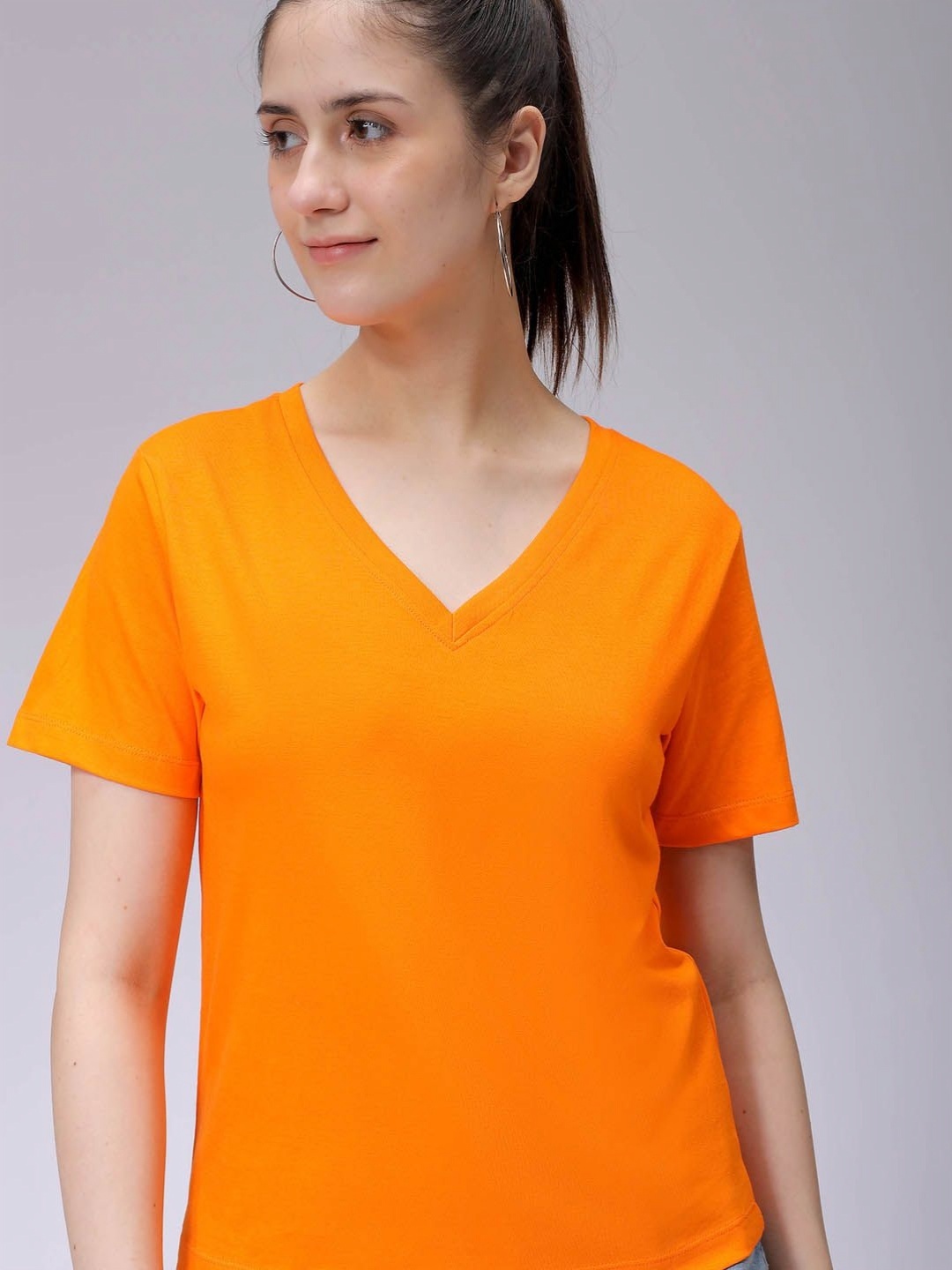 

Freehand by The Indian Garage Co Women V-Neck Raw Edge T-shirt, Orange