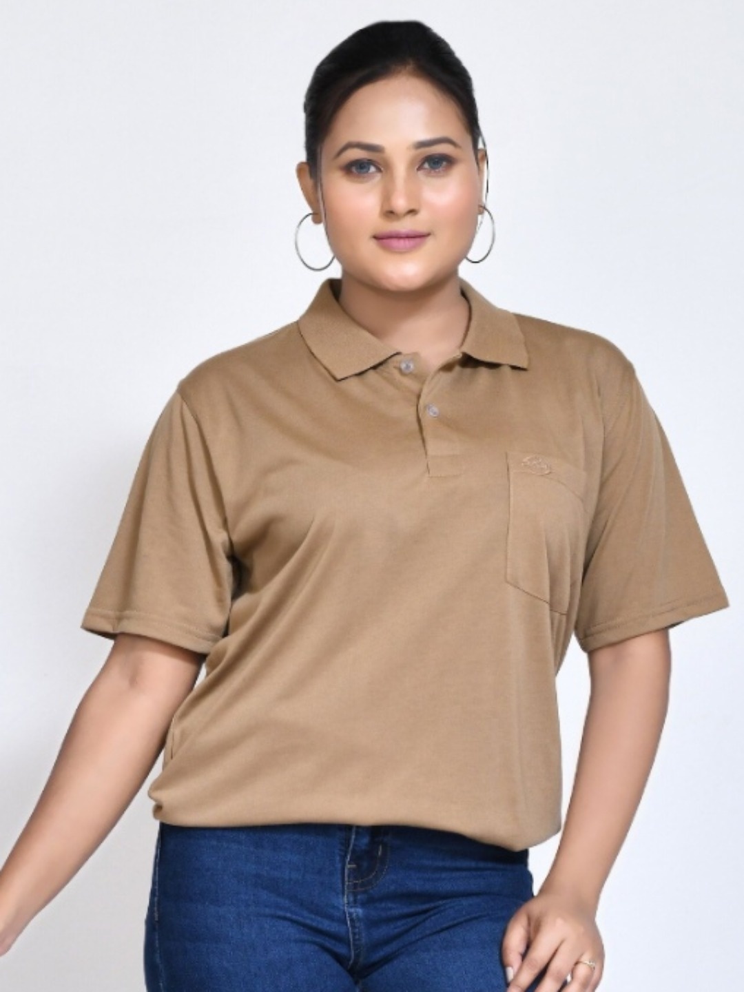 

RAPL Women Polo Collar Pockets T-shirt, Khaki