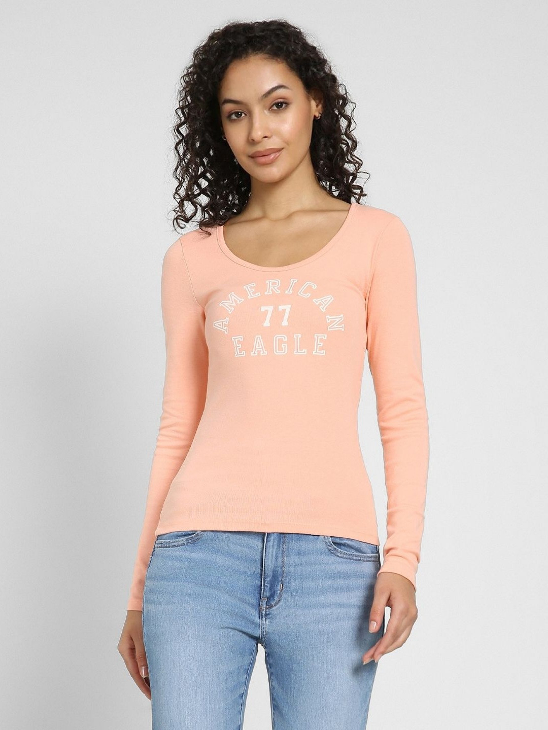 

AMERICAN EAGLE OUTFITTERS Women Typography Printed Slim Fit T-shirt, Peach