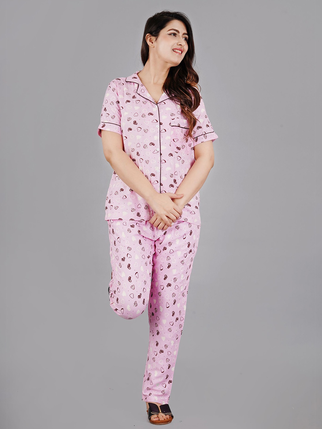 

Dreambe Women Printed Lapel Collar Night Suits, Pink