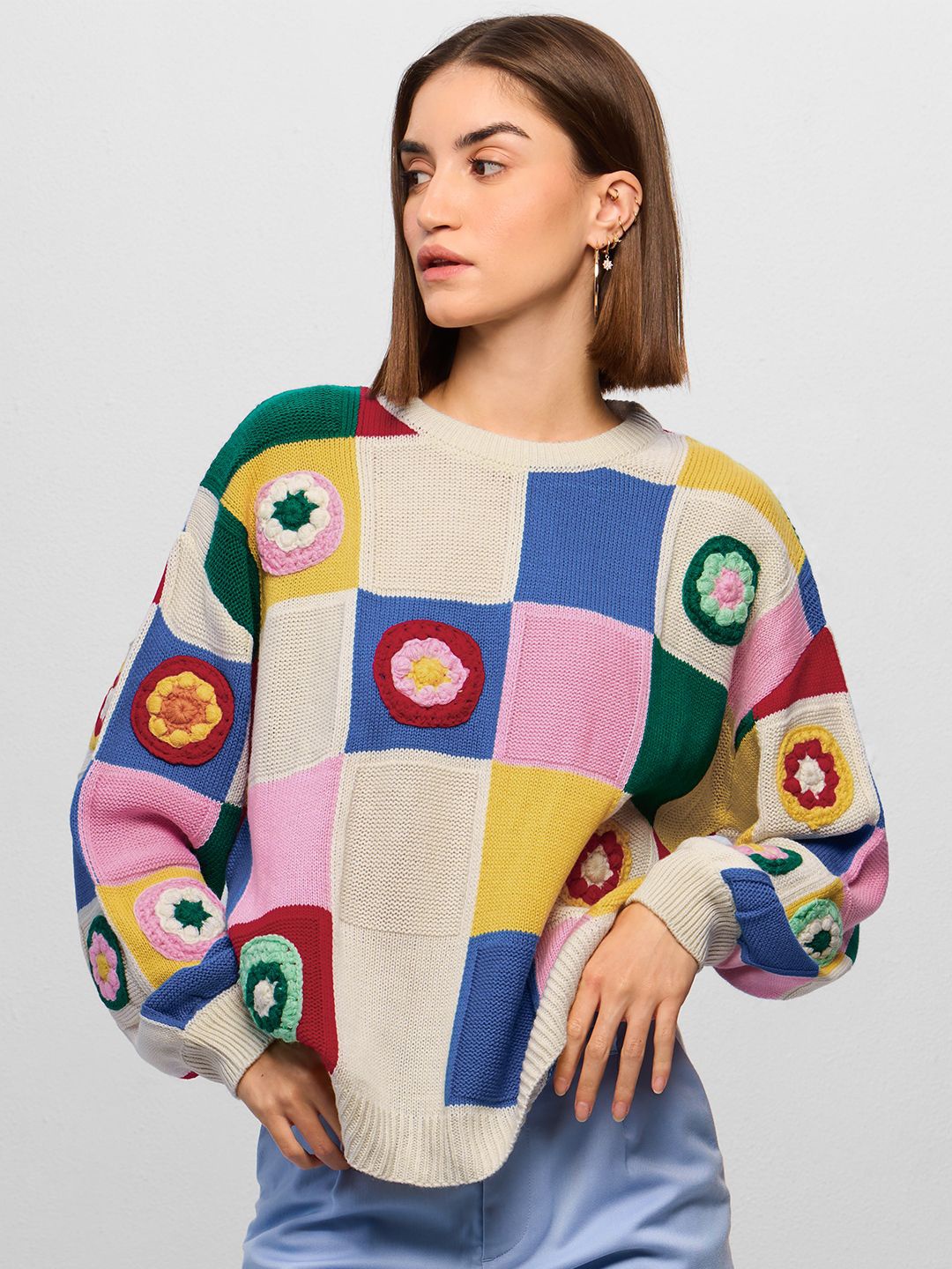 

The Souled Store Women Floral Checked Pullover with Embroidered Detail, White