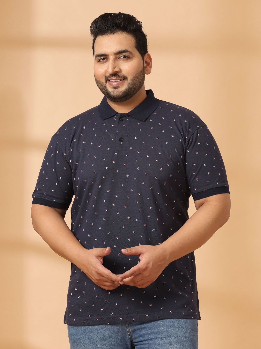 

plusS Men Polka Dot Printed Polo Collar T-shirt, Navy blue