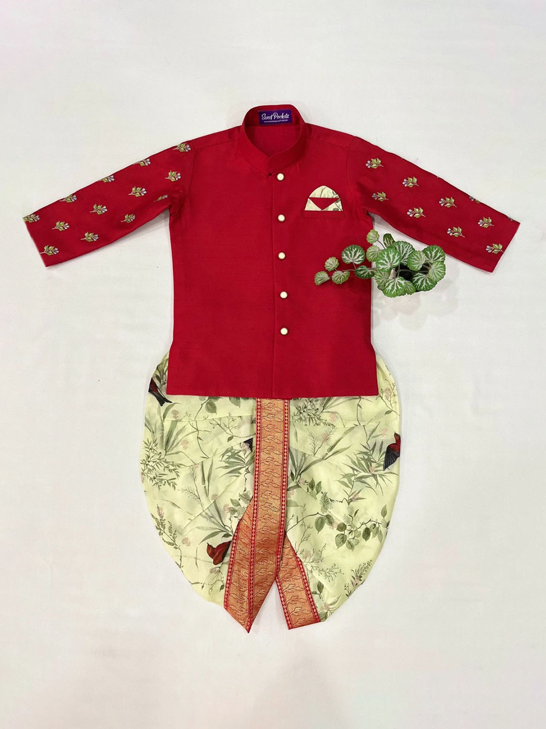 

Sweet Pockets Boys Floral Printed Mandarin Collar Straight Kurta with Dhoti Pants, Red