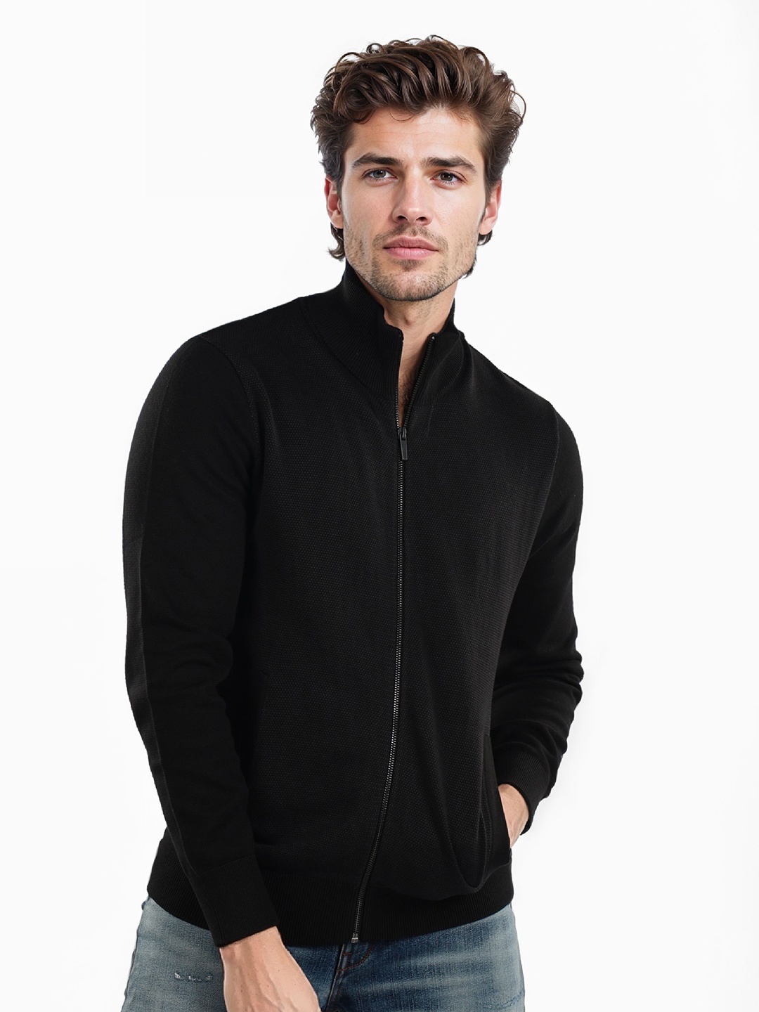 

Celio Men Mock Collar Cardigan Sweater, Black