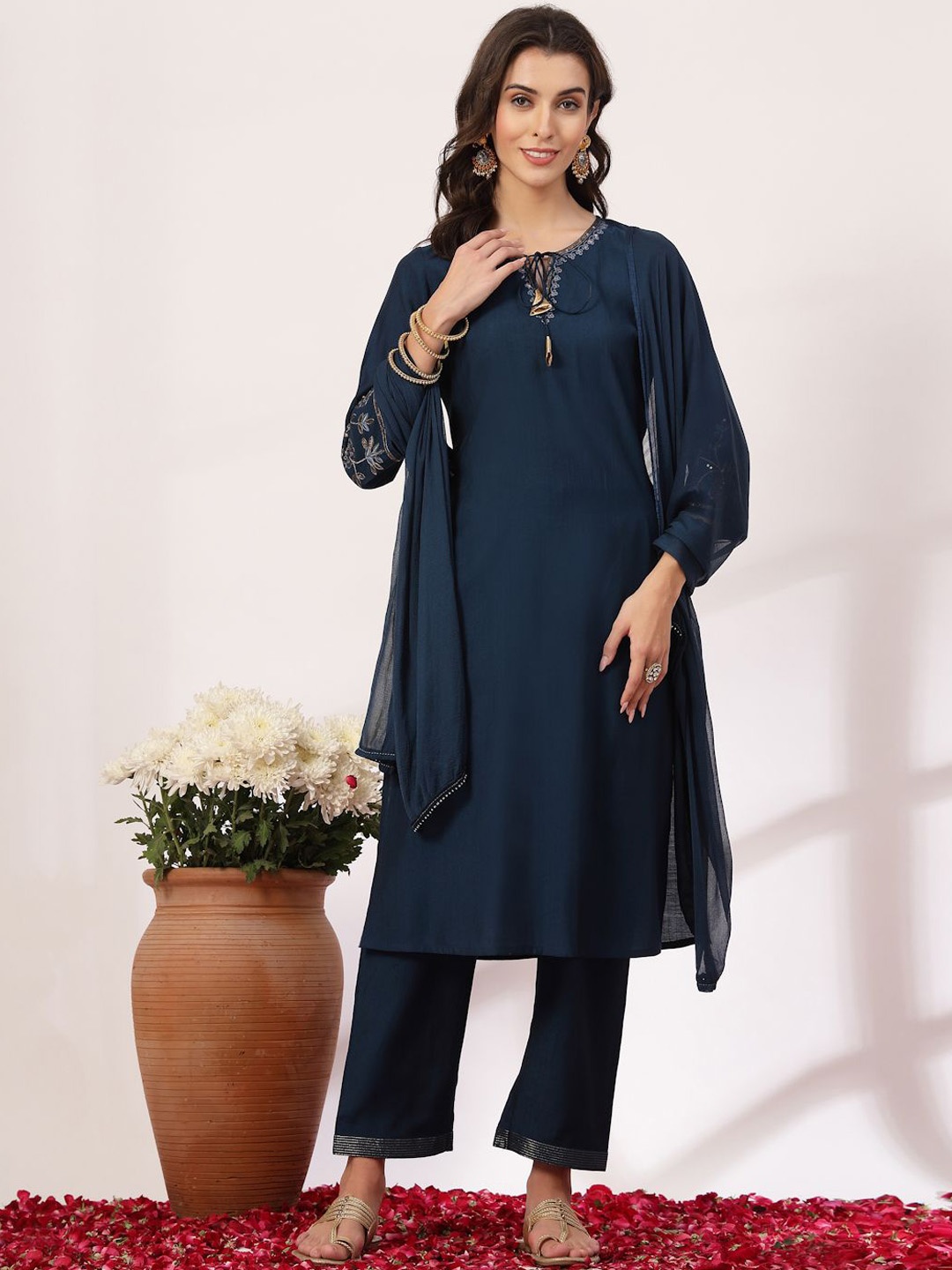 

Nayam By Lakshita Floral Embroidered Sequinned Kurta with Palazzo & Dupatta, Teal