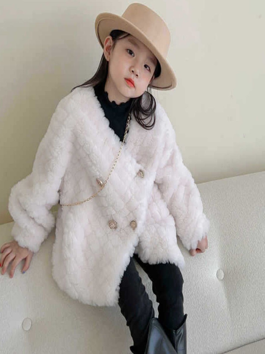 

Xsole Girls Self Design Double Breasted Coat, White