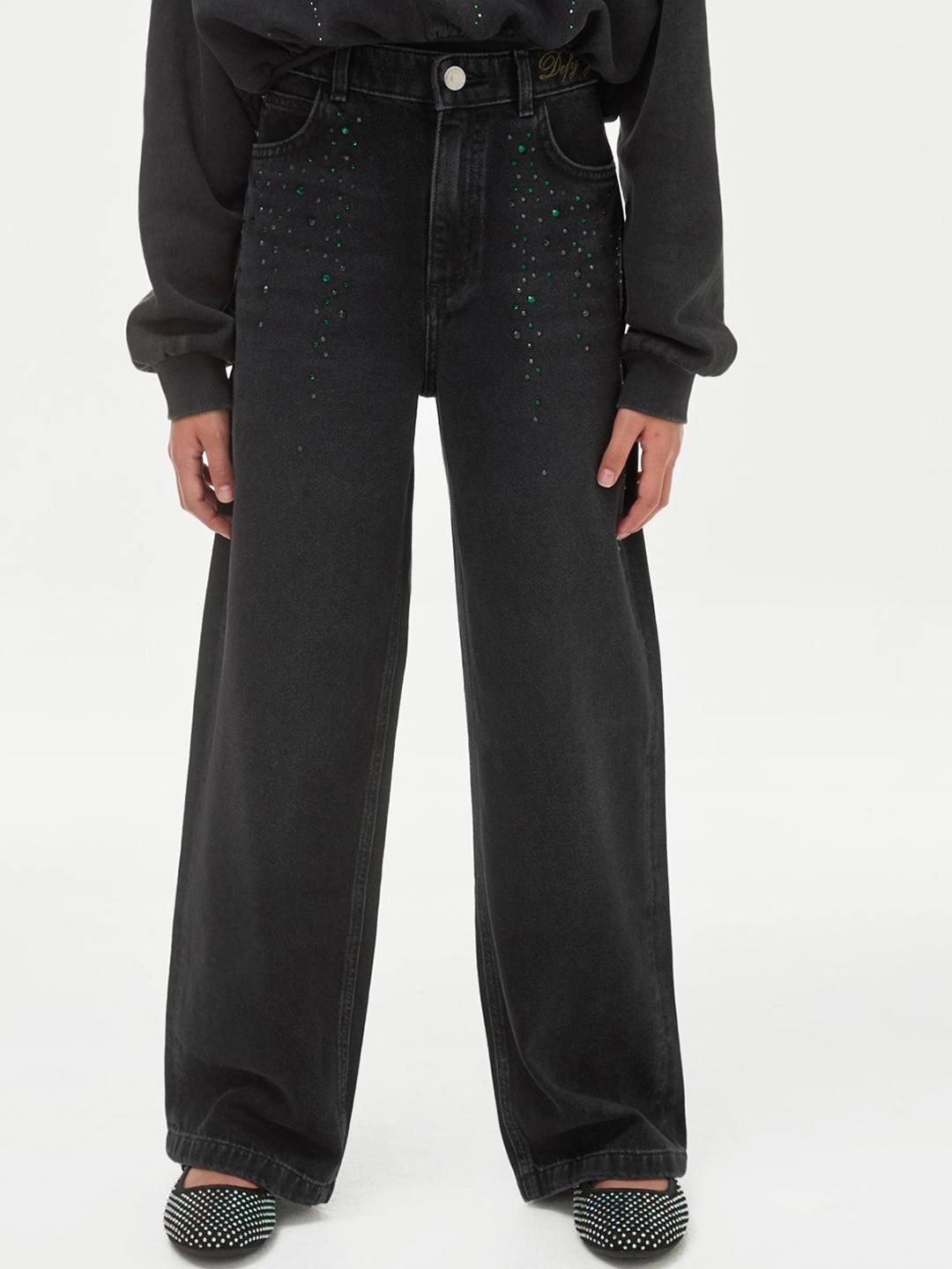 

Marks & Spencer Girls Pure Cotton Wide Leg High-Rise Jeans, Black