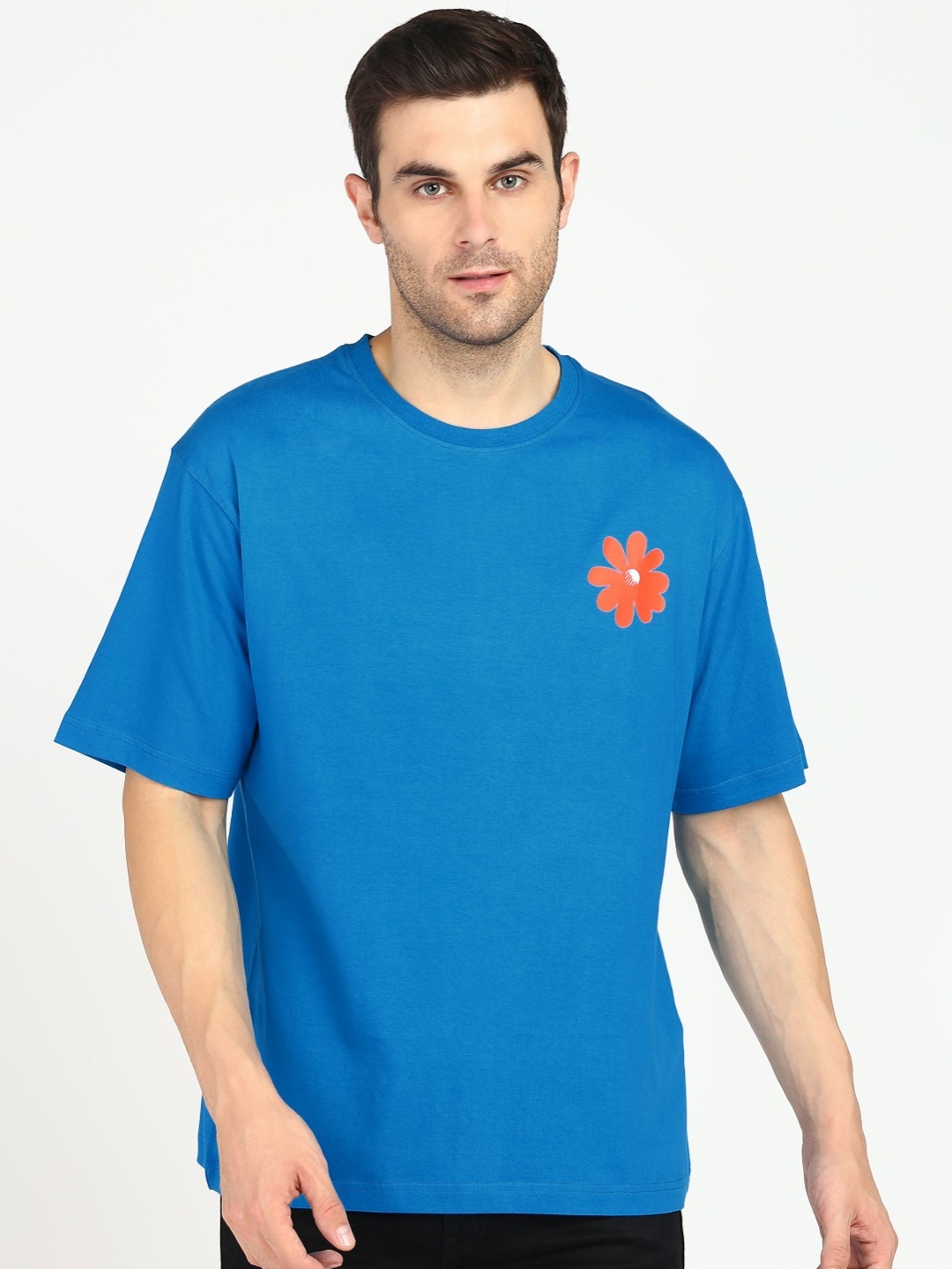 

Provogue Men Printed Drop-Shoulder Sleeves Applique Boxy T-shirt, Blue