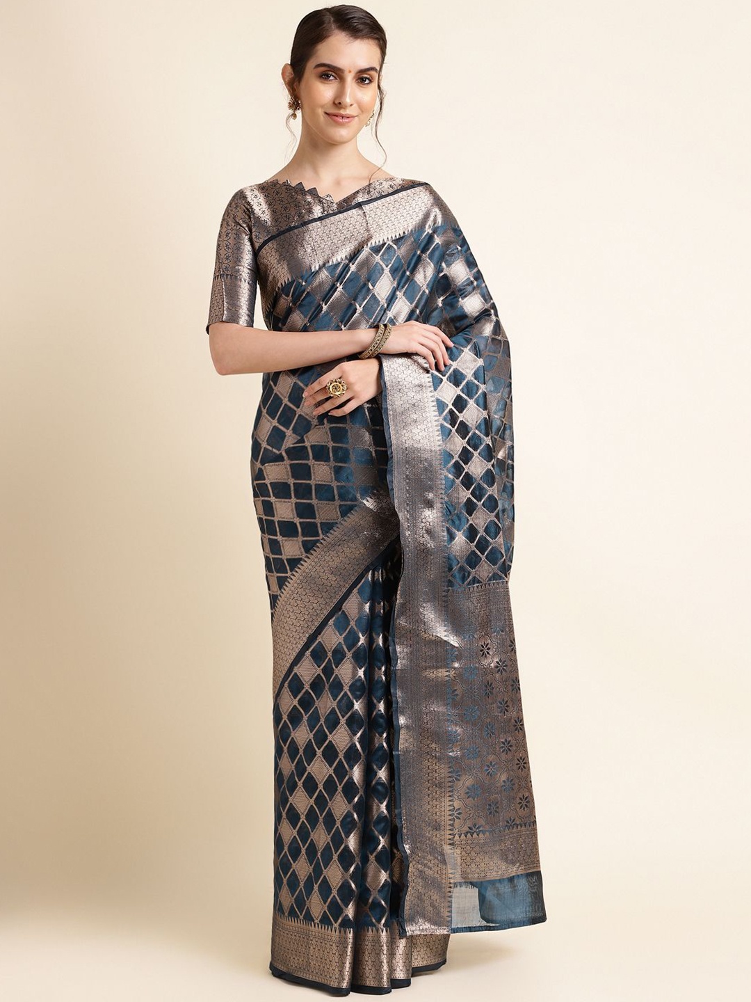 

SHRIMAY Woven Design Zari Organza Saree, Navy blue