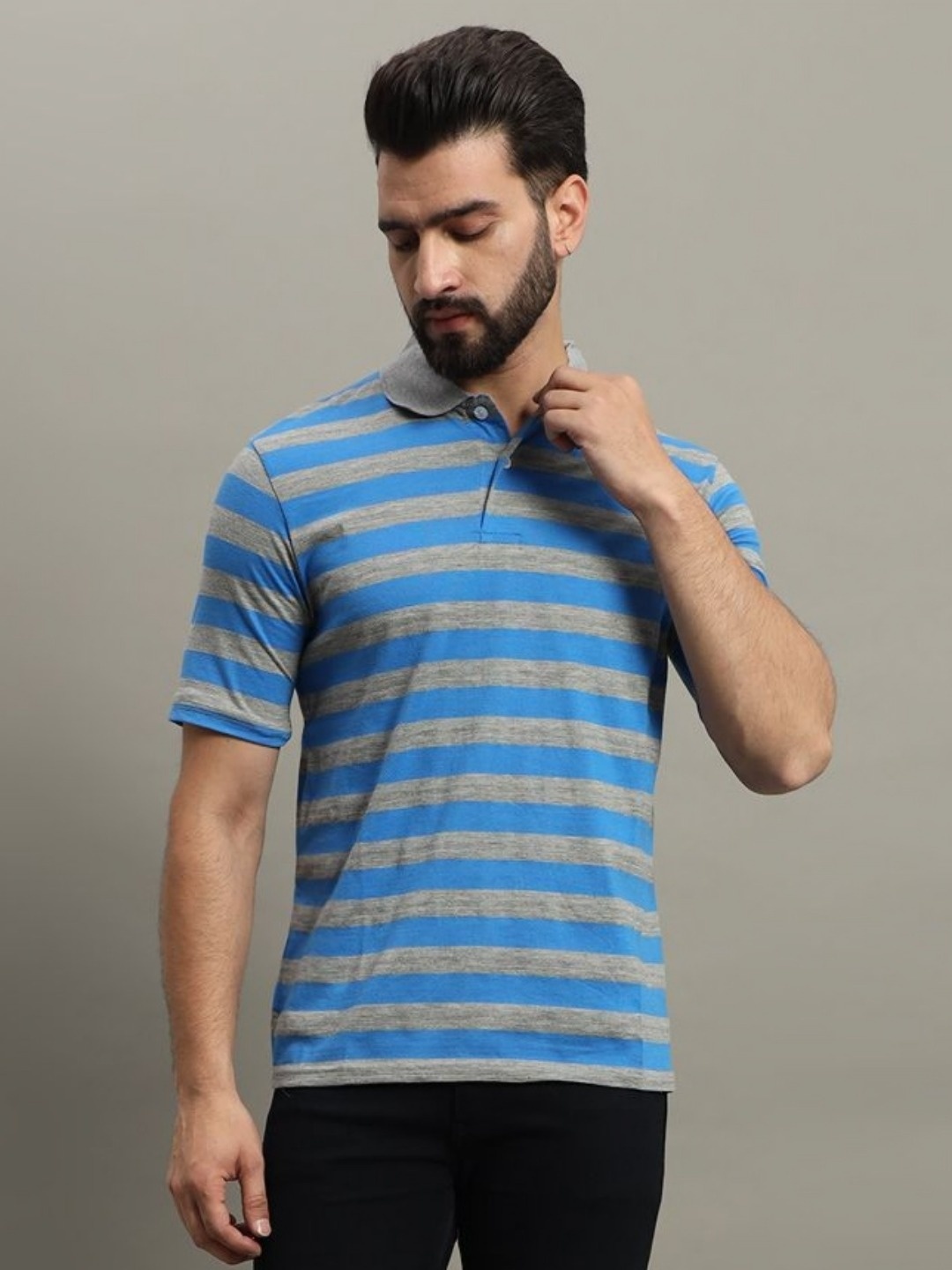 

GET GOLF Men Striped Polo Collar Cotton T-shirt, Blue
