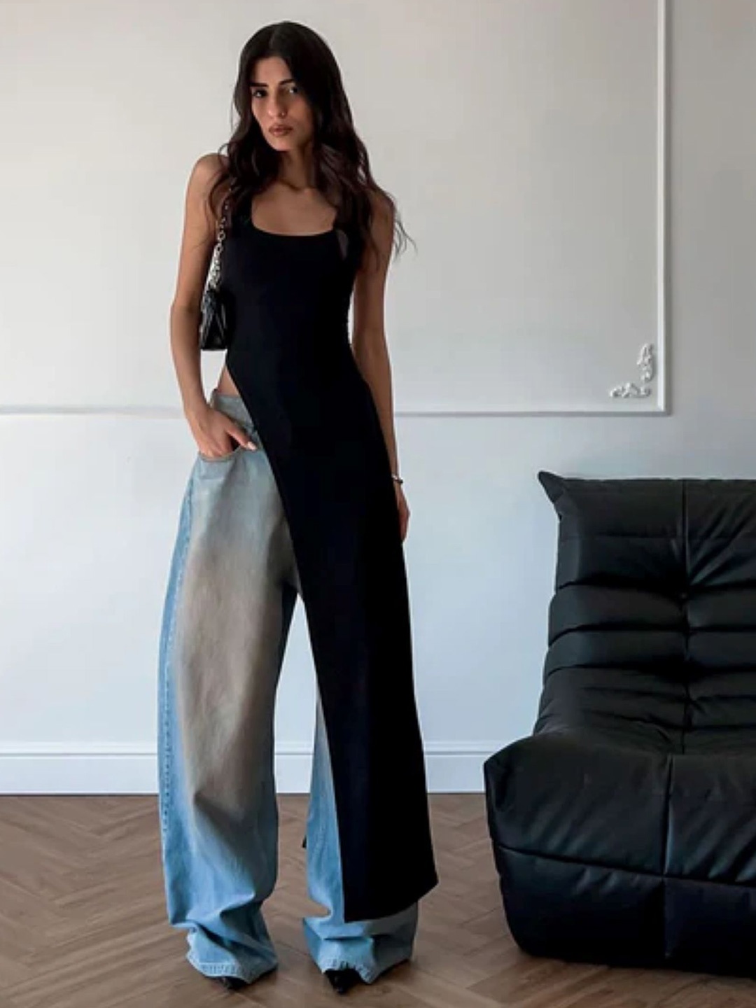 

StyleAsh Square Neck Longline Asymmetrical Top, Black