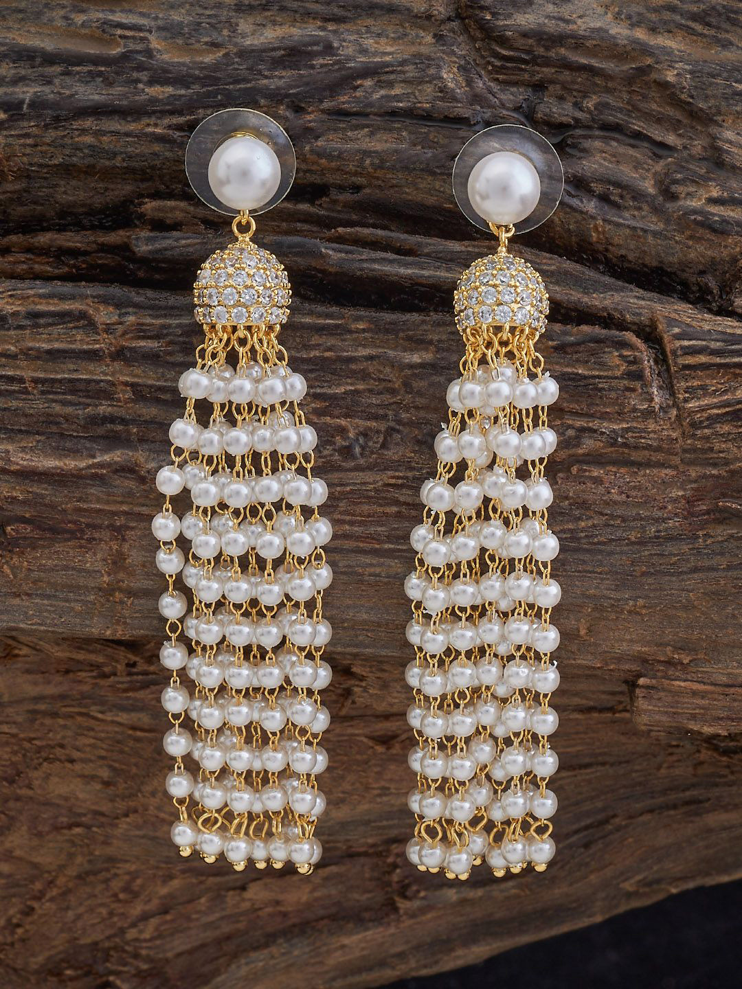 

Kushal's Fashion Jewellery Gold-Plated Zircon Stone Studded & Pearls Beaded Drop Earrings