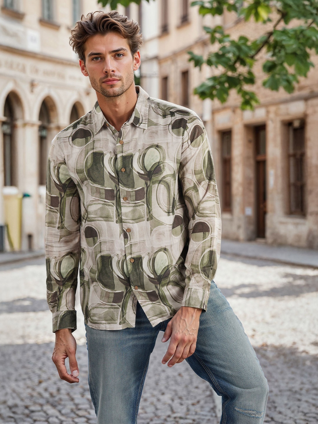 

Celio Men Classic Opaque Printed Casual Shirt, Olive