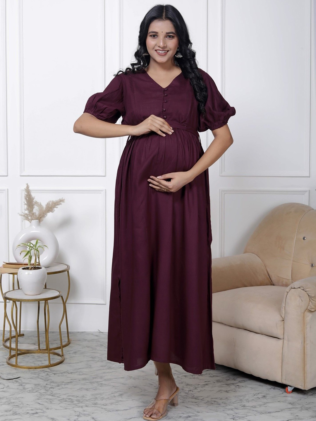 

Swasti Women V-Neck Fit and Flare Maternity Dress, Purple