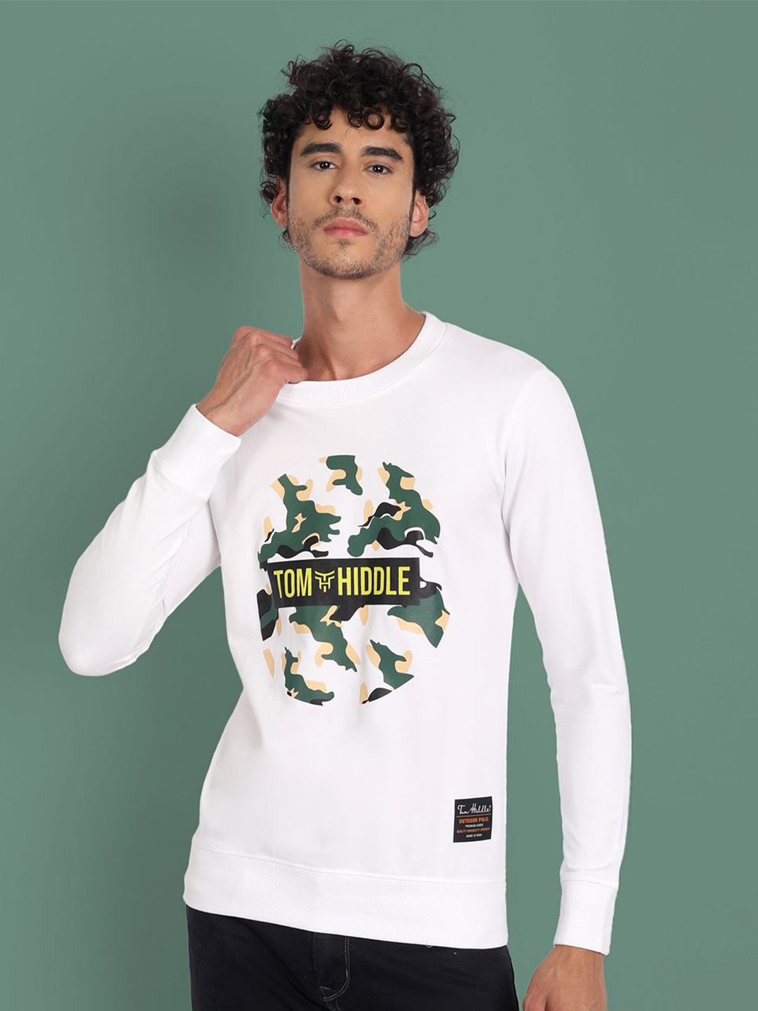 

TOMHIDDLE Men Graphic Printed Round Neck Cotton Sweatshirt, White