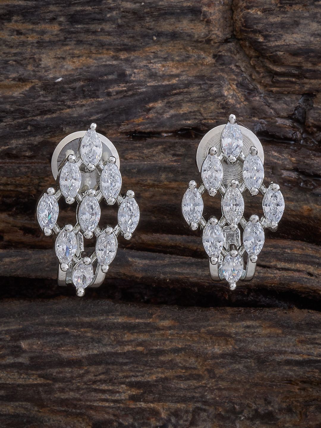 

Kushal's Fashion Jewellery Rhodium-Plated Zircon Studded Leaf Shaped Studs Earrings, Silver