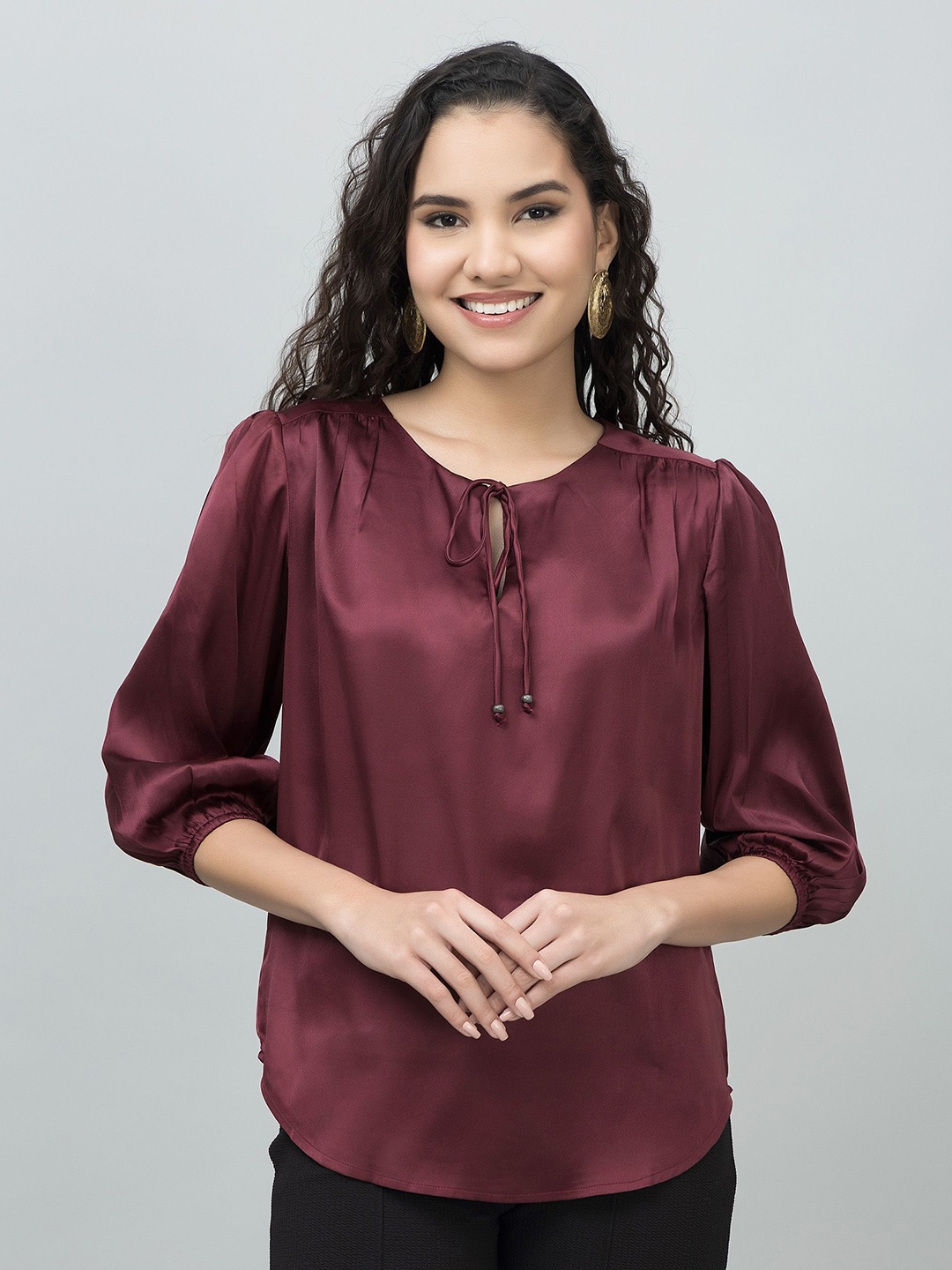 

PURYS WORKSPACE Women Tie-Up Neck Shirt Style Top, Maroon