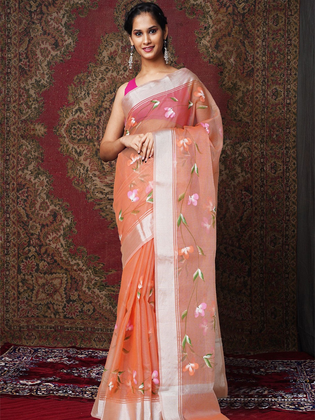 

Unnati Silks Woven Design Zari Net Handloom Kota Saree, Orange