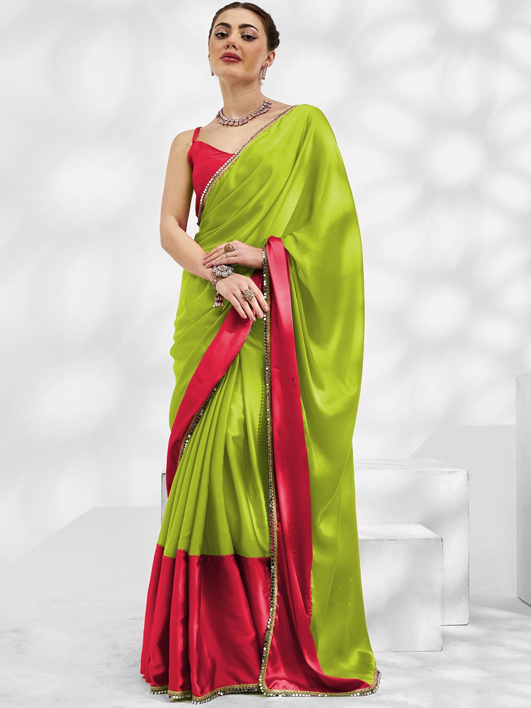 

modeva Women Colourblocked Mirror Work Pure Chiffon Ready to Wear Saree, Fluorescent green