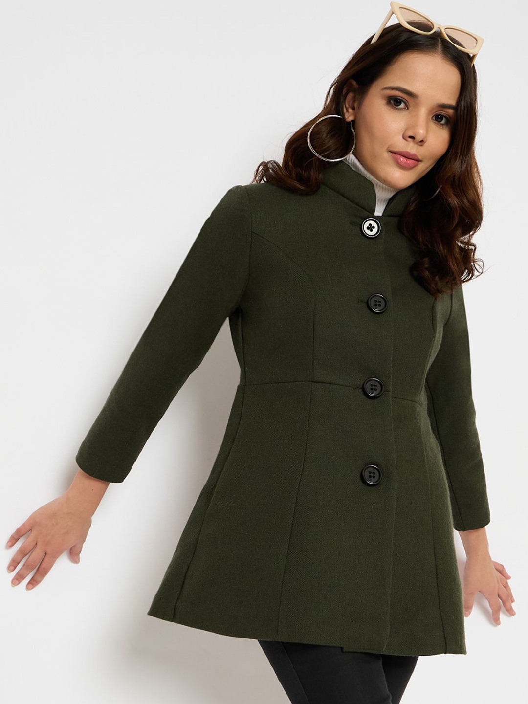 

Martini Women Stand Collar Regular Fit Single-Breasted Pea coat, Green