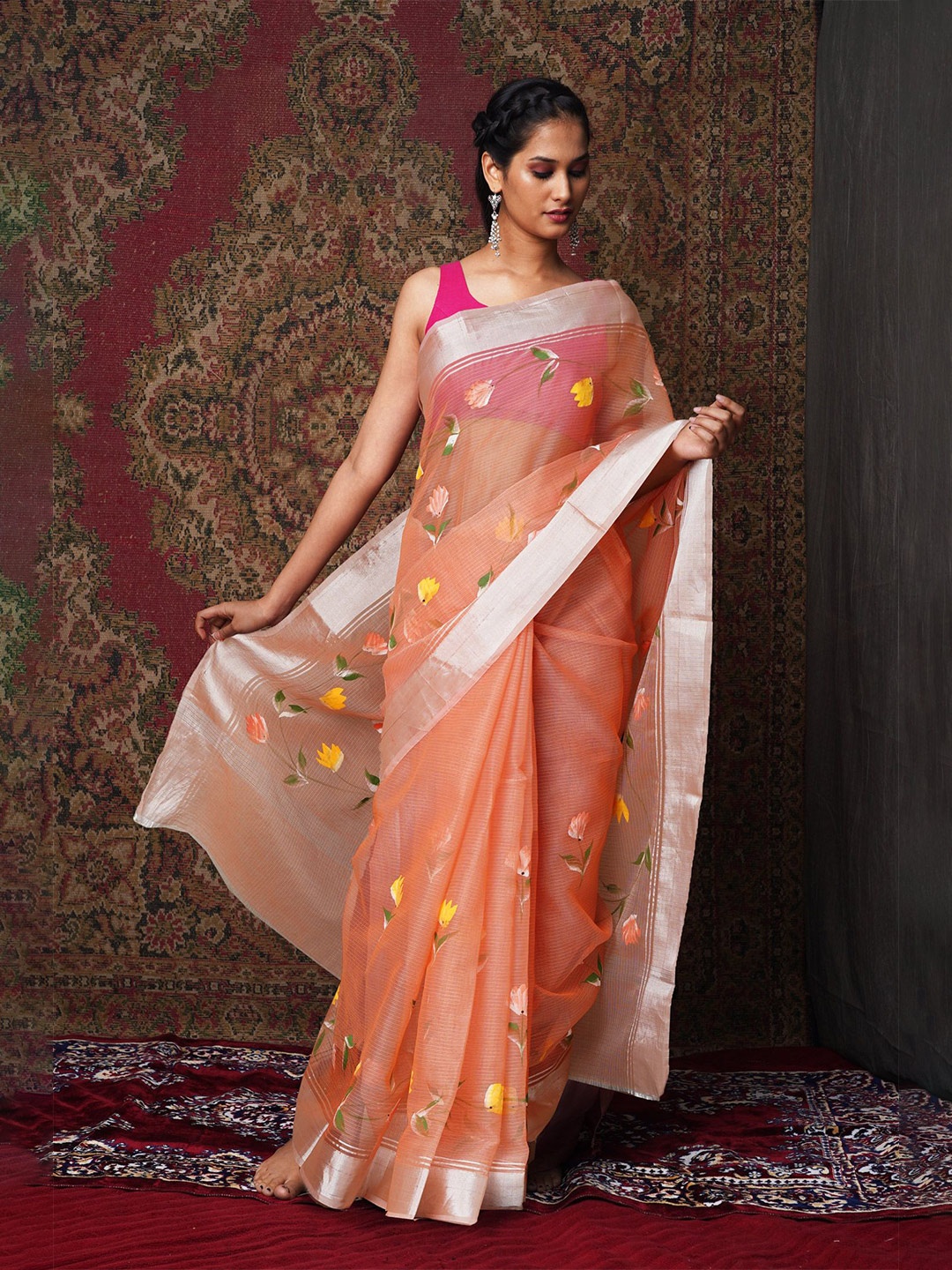 

Unnati Silks Floral Printed Zari Kota Saree, Orange