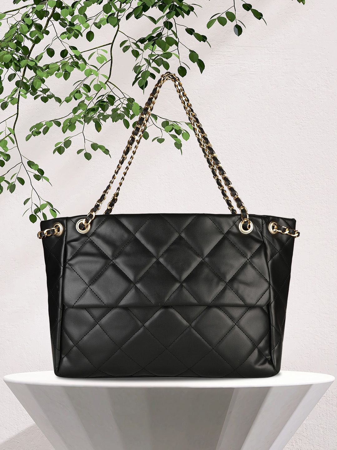 

MINI WESST Textured Structured Tote Bag with Quilted, Black