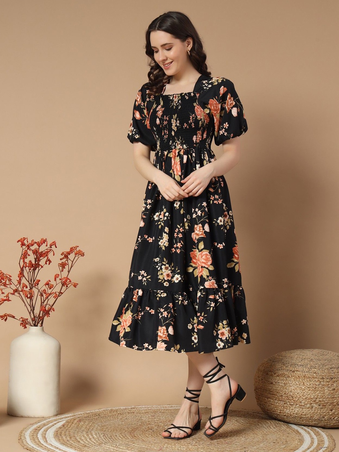 

Raiyani Enterprise Women Floral Printed Puff Sleeve Fit & Flare Midi Dress, Black